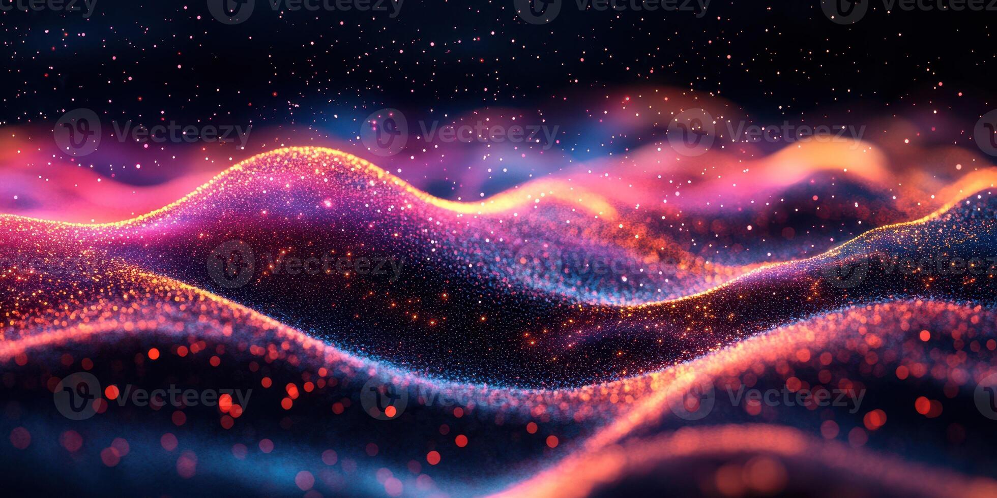 Colorful abstract waves of light and particles create a mesmerizing visual display in a dark setting photo