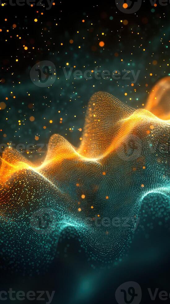 Abstract wave of glowing particles creating a vibrant, dynamic display of colors in a dark background photo