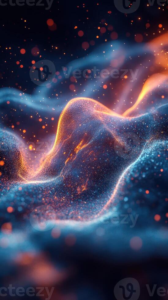 Abstract composition of luminous particles and flowing textures in a vibrant digital landscape photo