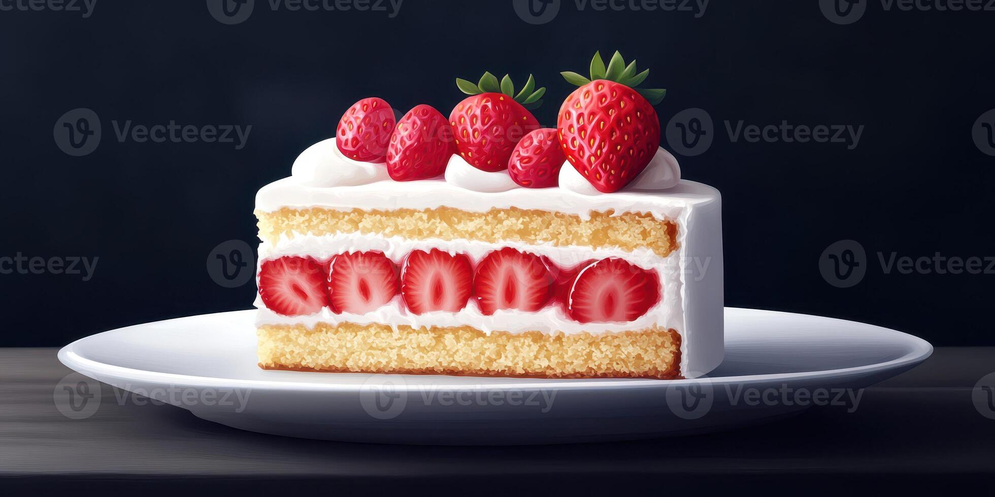 Freshly sliced cake topped with strawberries on a round plate showcasing its layers and textures photo
