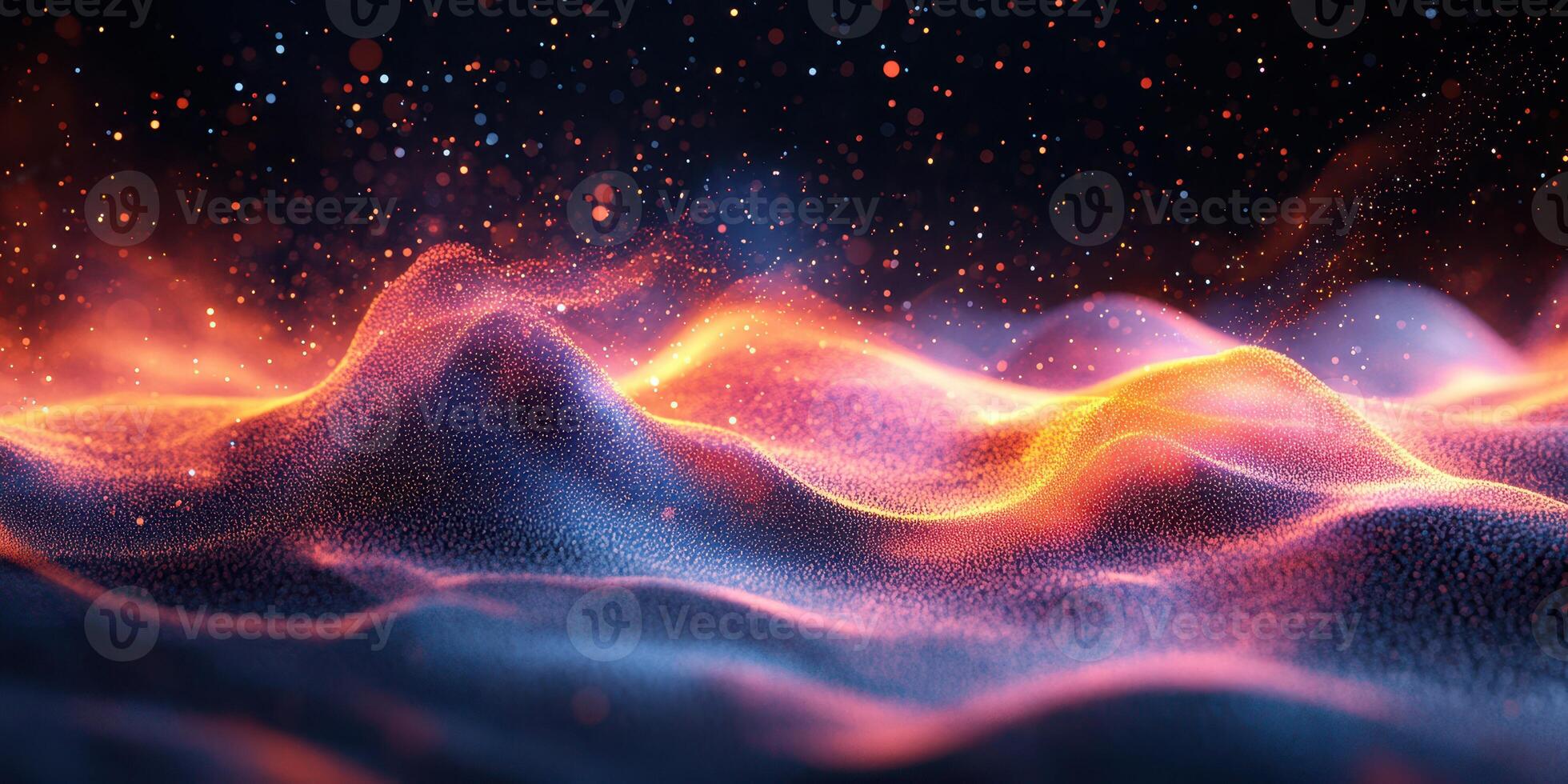 Colorful shimmering particles create an abstract landscape resembling waves in a dark setting photo
