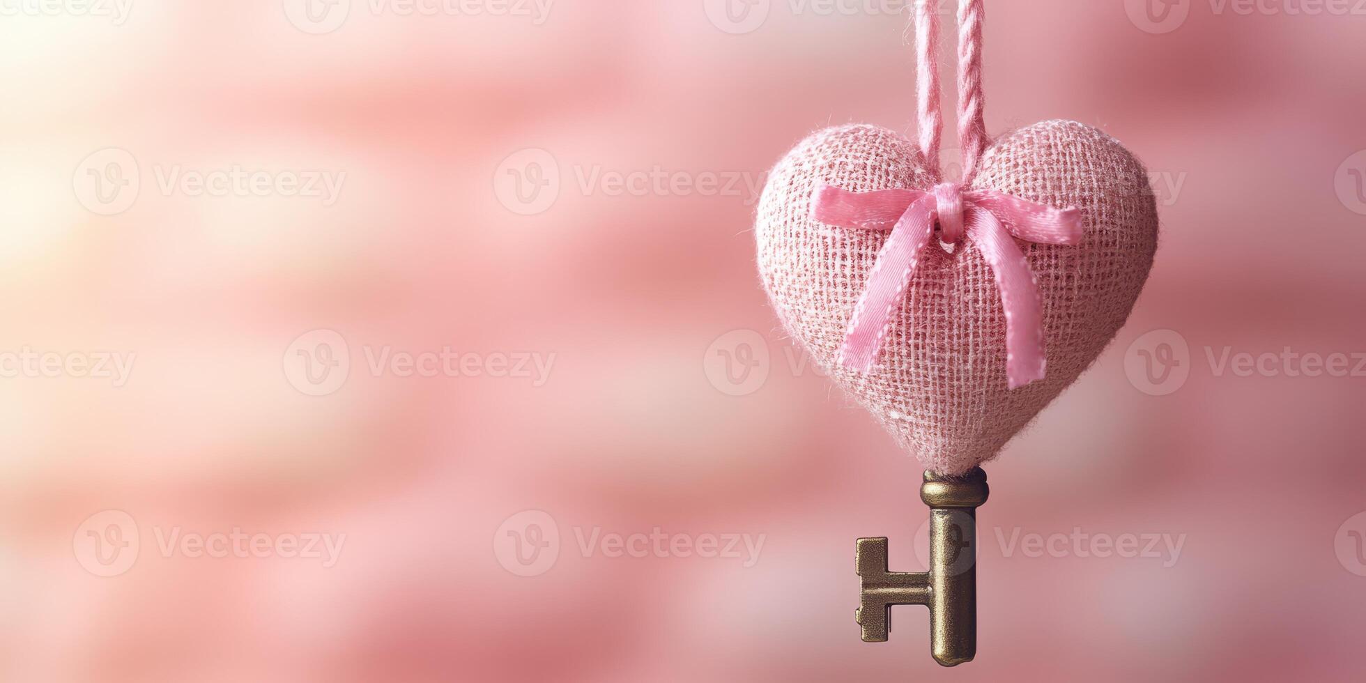 Decorative heart-shaped key with pink fabric texture hanging against a soft blurred background photo