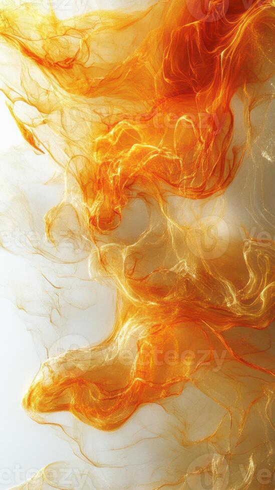 Colorful abstract patterns of flowing fabric created with orange and gold strands against a light background photo