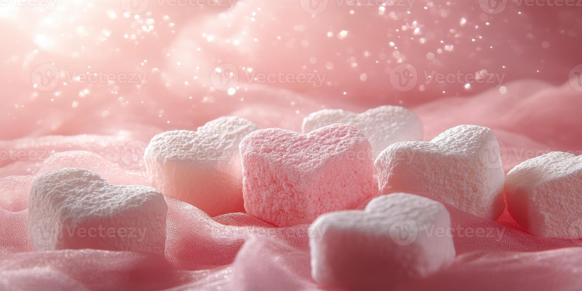 Heart-shaped marshmallows scattered on soft pink fabric create a whimsical and romantic atmosphere photo
