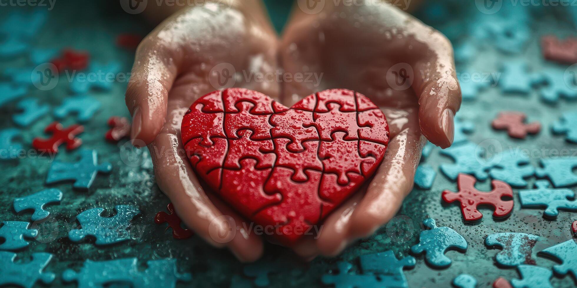Hands holding a red heart puzzle piece surrounded by scattered blue puzzle pieces on a wet surface photo