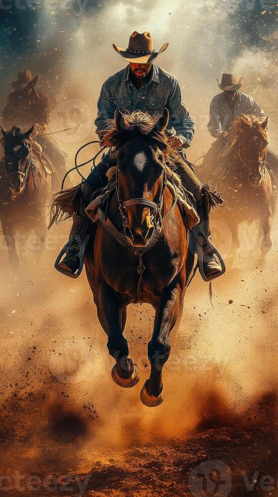 Cowboys riding horses through dusty terrain during sunset showcasing their skills and connection with nature photo