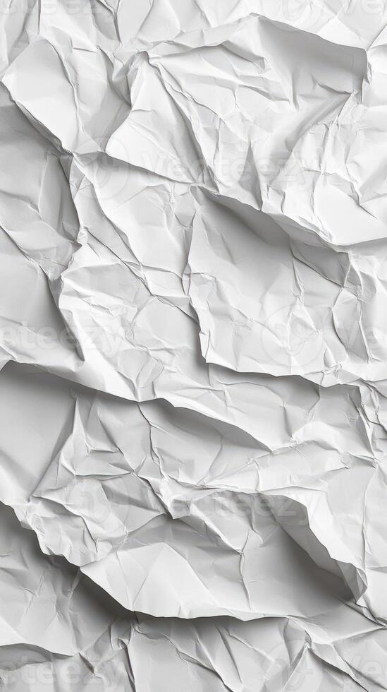 Crumpled white paper texture showcasing intricate folds and shadows in simple design elements photo
