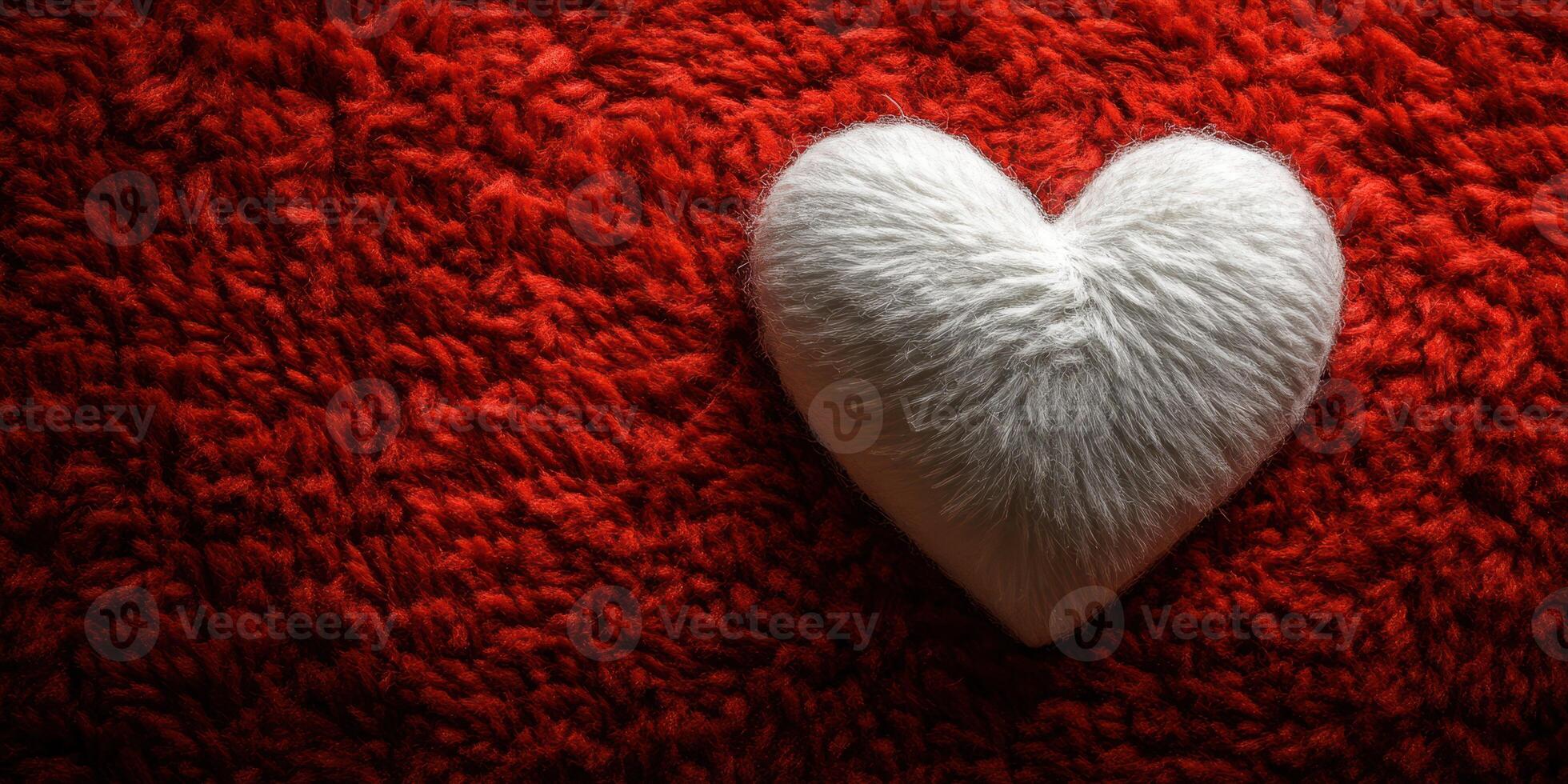 White fluffy heart resting on vibrant red textured surface creates a warm and inviting atmosphere for romantic moments photo
