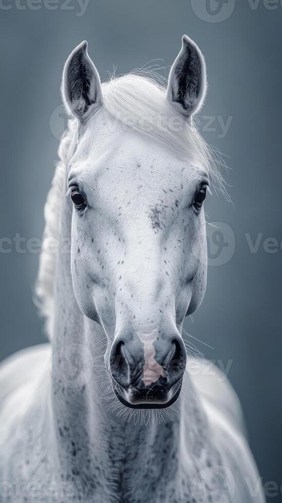 Captivating white horse displaying elegance and charm in a serene backdrop at dusk photo