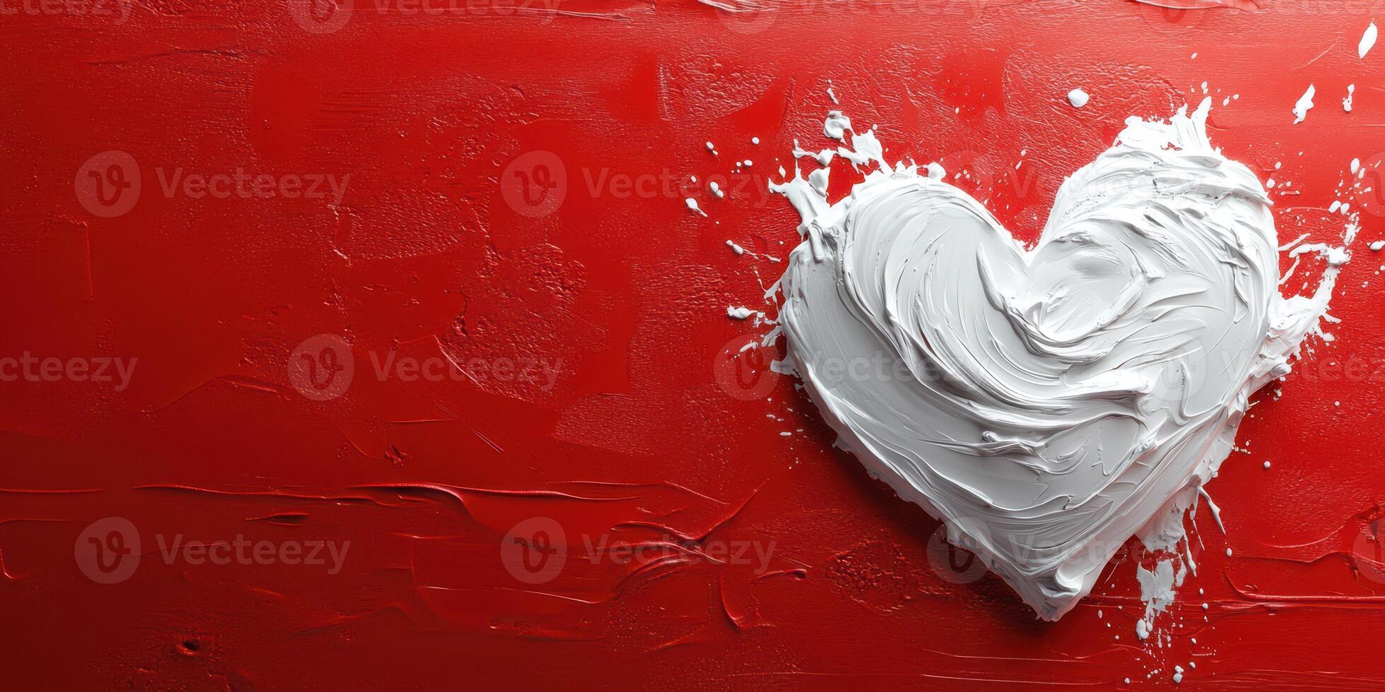 Heart shape created with white cream on a vibrant red background during an art activity photo