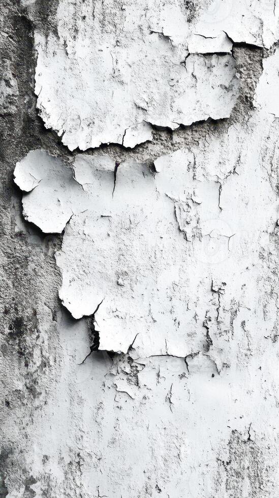 Peeling white paint revealing cracked surface on an old wall in a weathered urban setting photo