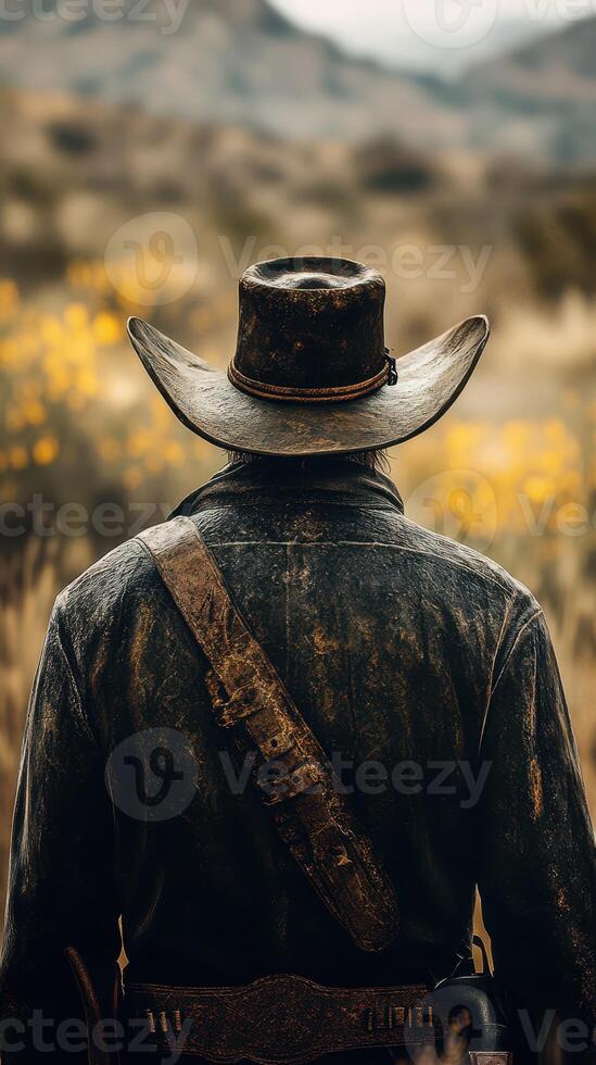 Cowboy stands in a vast desert landscape, gazing into the distance as wildflowers bloom under a cloudy sky photo