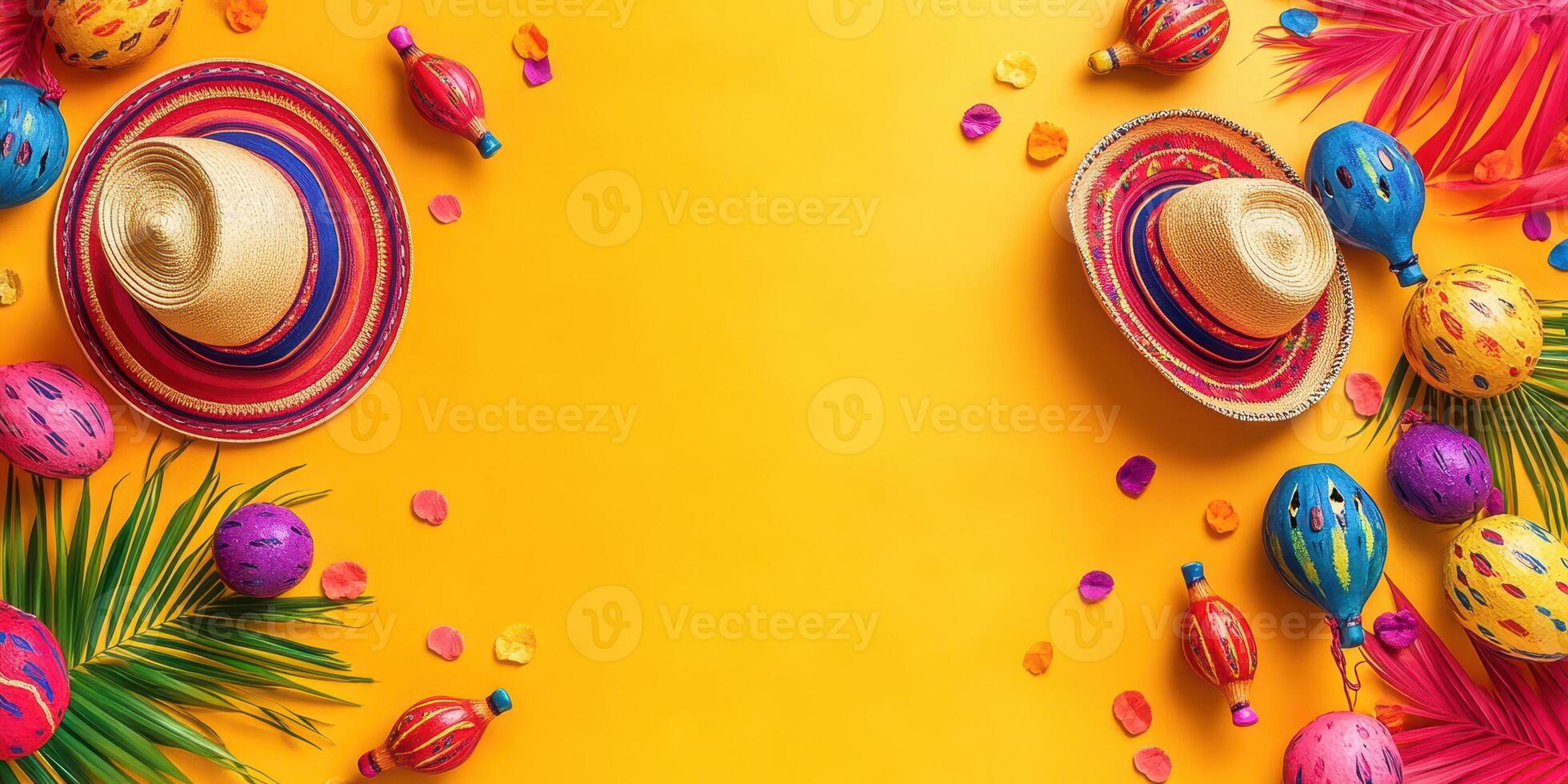 Brightly colored sombreros and festive decorations on a sunny yellow background for a celebration event photo