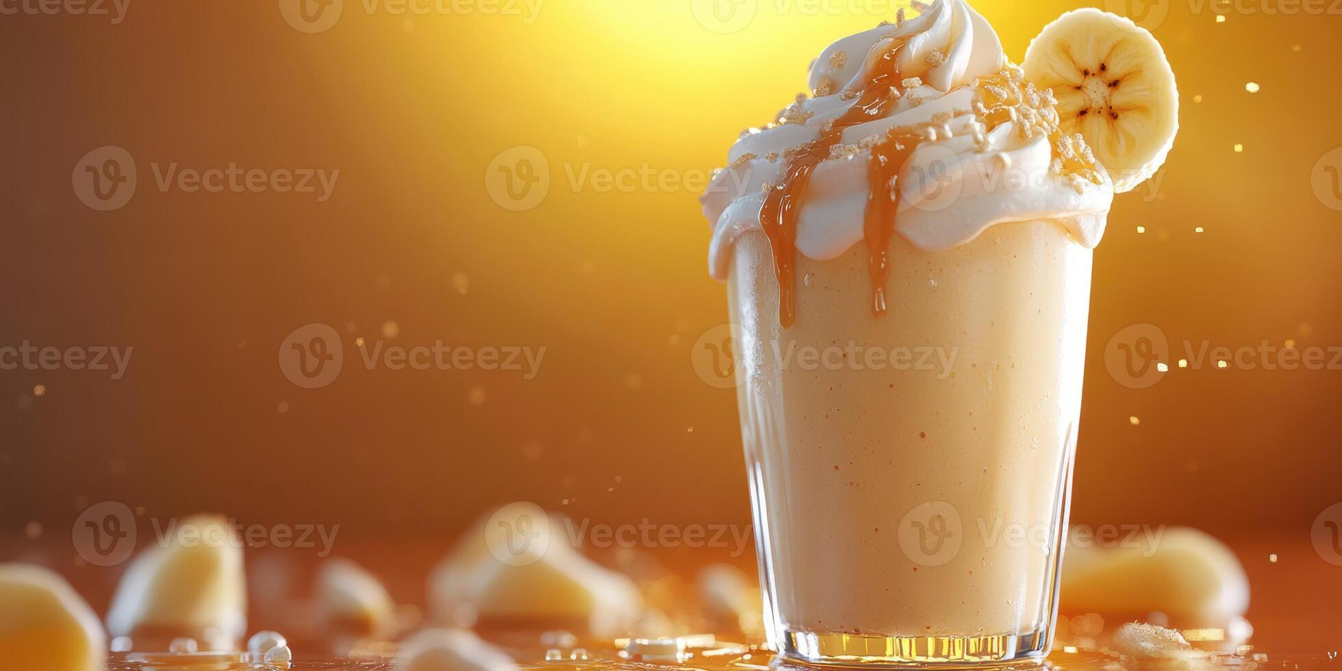 Delicious banana milkshake topped with whipped cream, drizzled caramel, and banana slices in golden light photo
