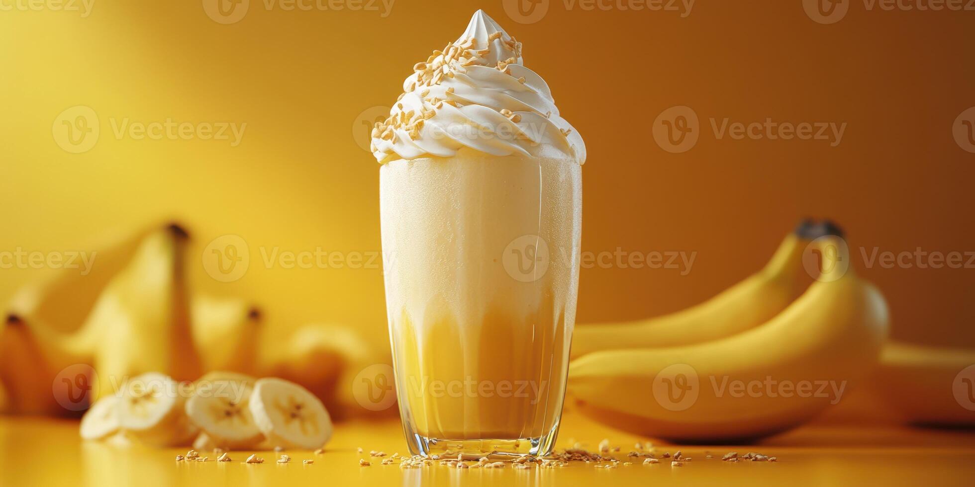 Delicious creamy banana shake served with whipped cream against a bright yellow background photo