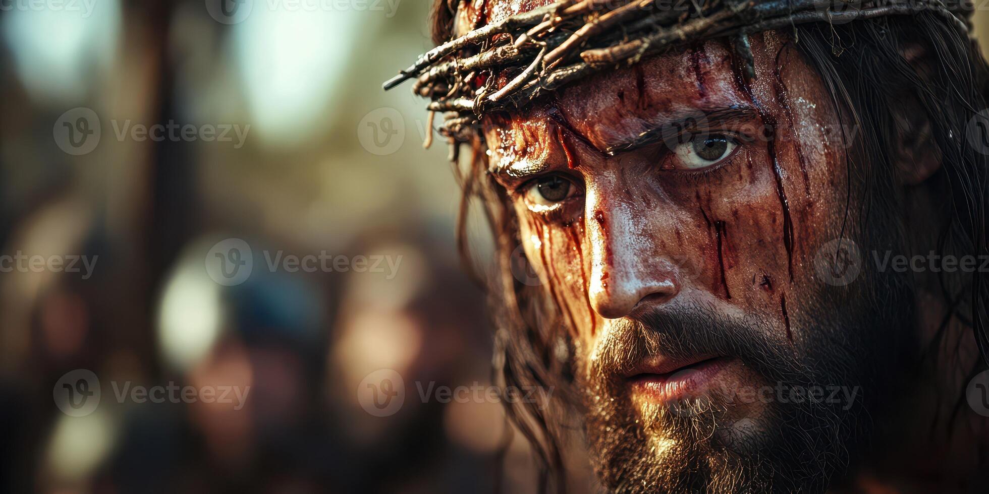 Emotional depiction of a man in a historical setting, showcasing intense struggle and suffering during a pivotal moment in time photo
