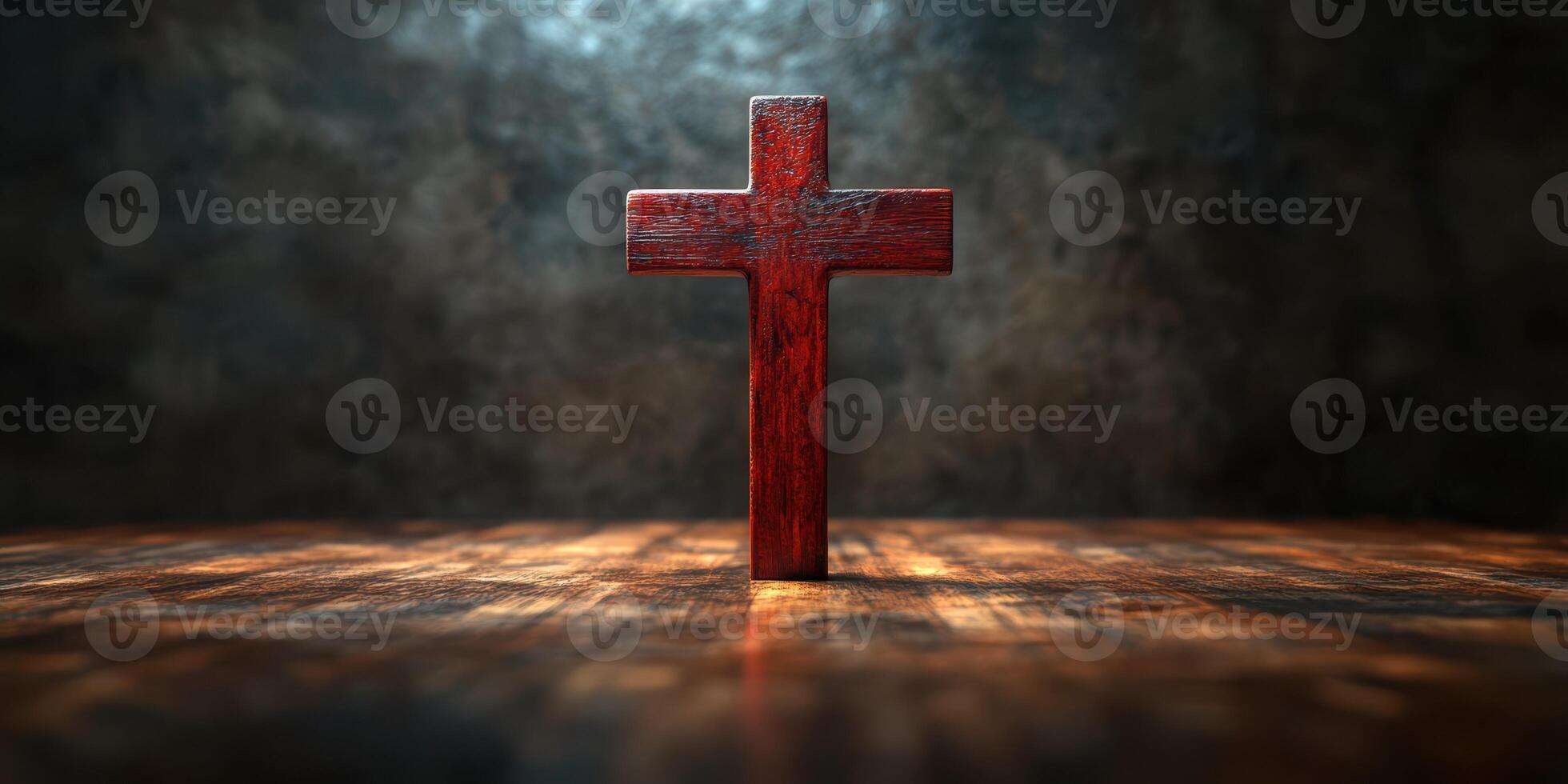 Wooden cross illuminated by dramatic lighting on a textured wooden surface in a dimly lit space photo