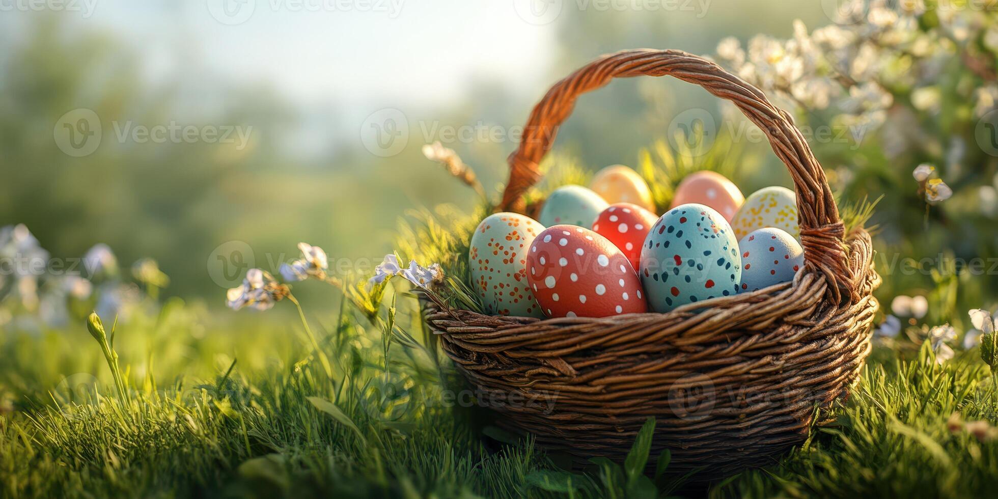 Colorful Easter eggs in a wicker basket resting on green grass surrounded by blooming flowers photo