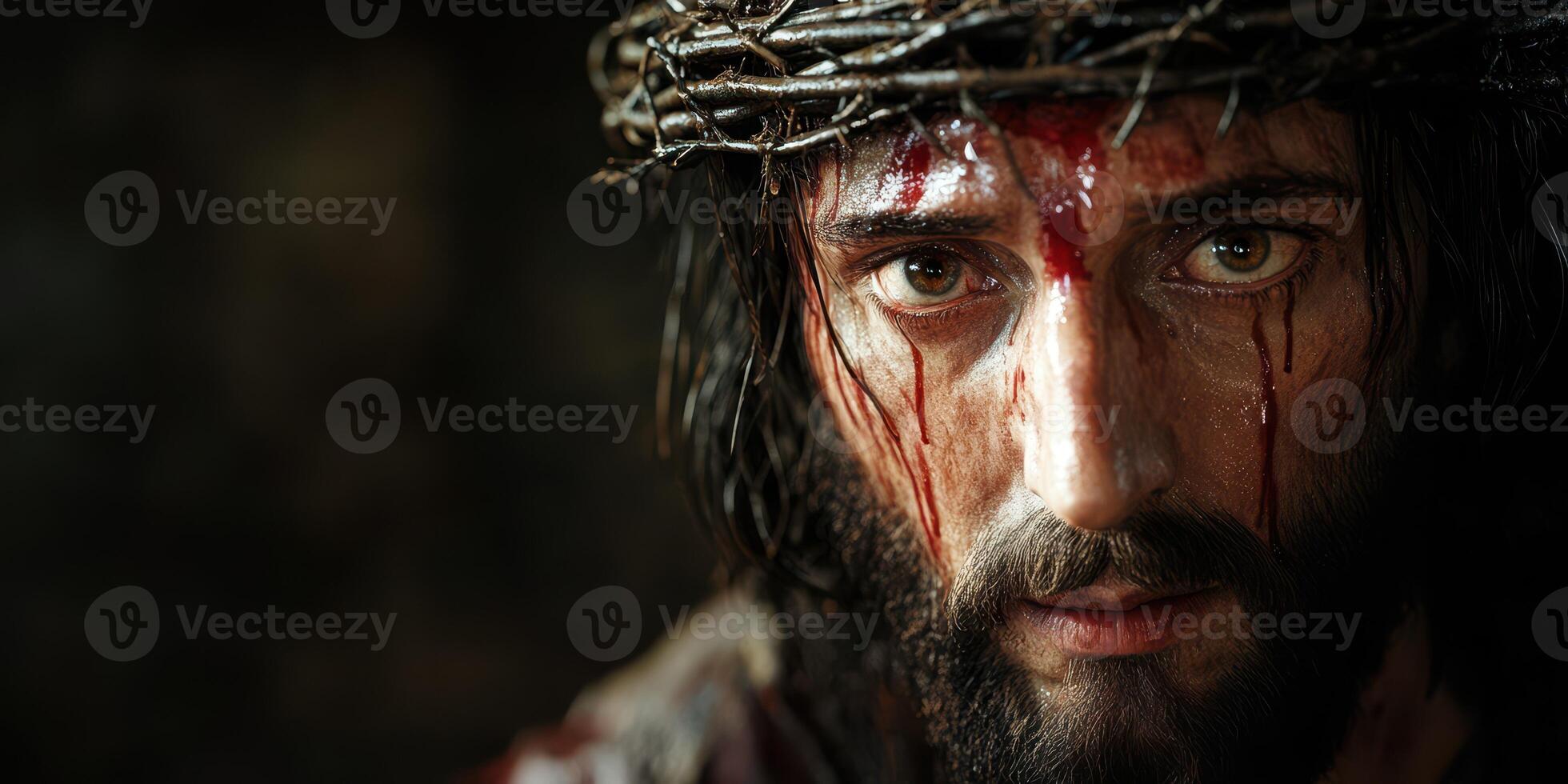 Strong expression of suffering and devotion in a dramatic religious depiction photo
