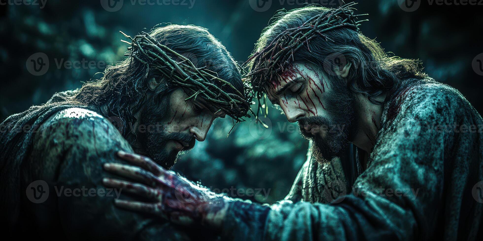 Two figures with thorn crowns showing empathy in a dramatic, dark setting during a moment of sorrow photo