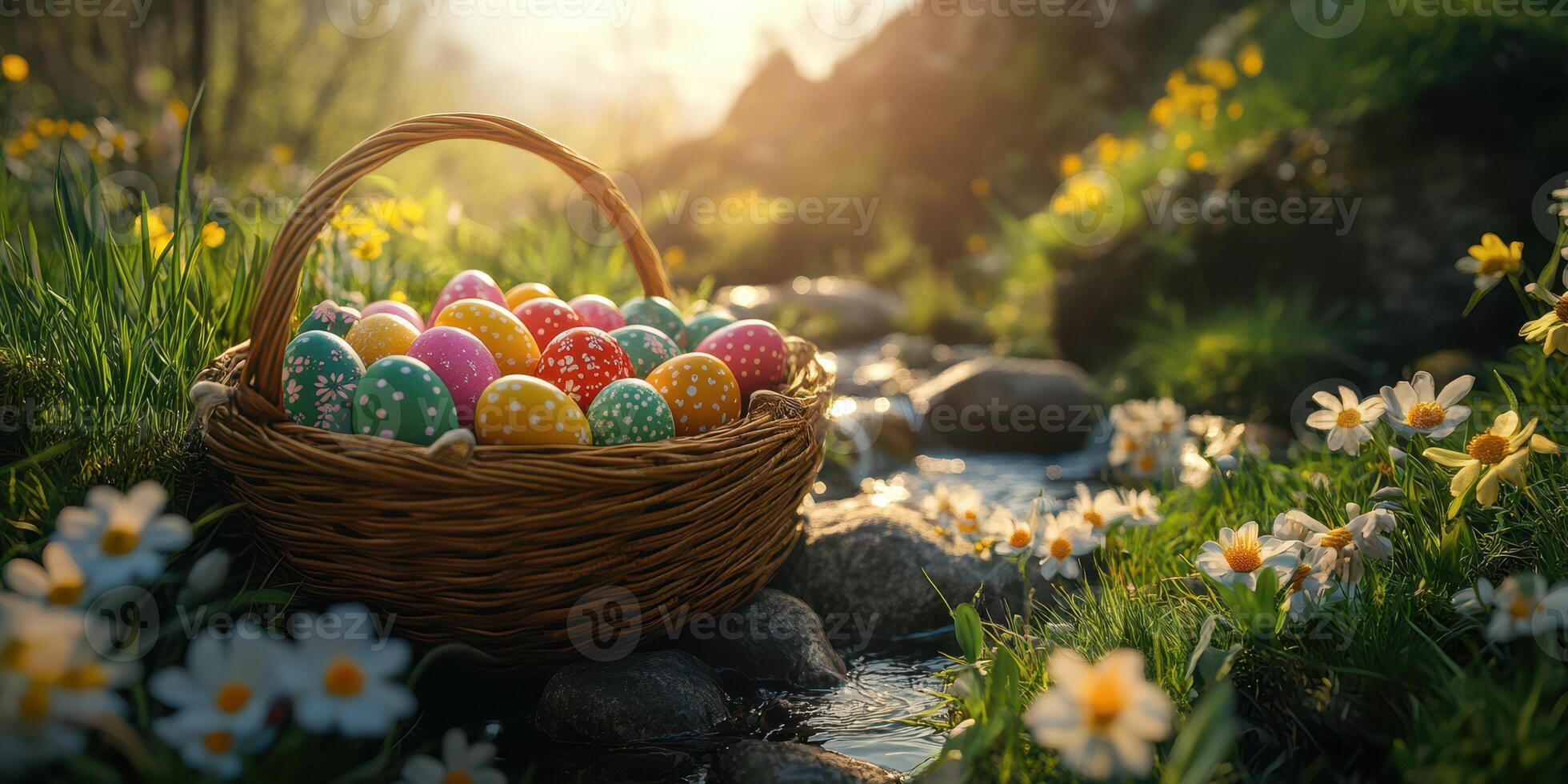 Colorful Easter eggs in a woven basket beside a flowing stream surrounded by blooming flowers photo