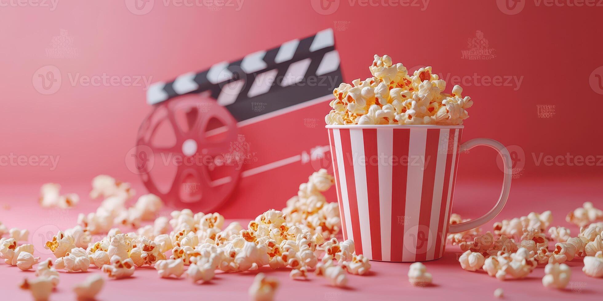 Colorful cup of popcorn with film reel and clapboard on a bright pink background evokes movie night excitement photo