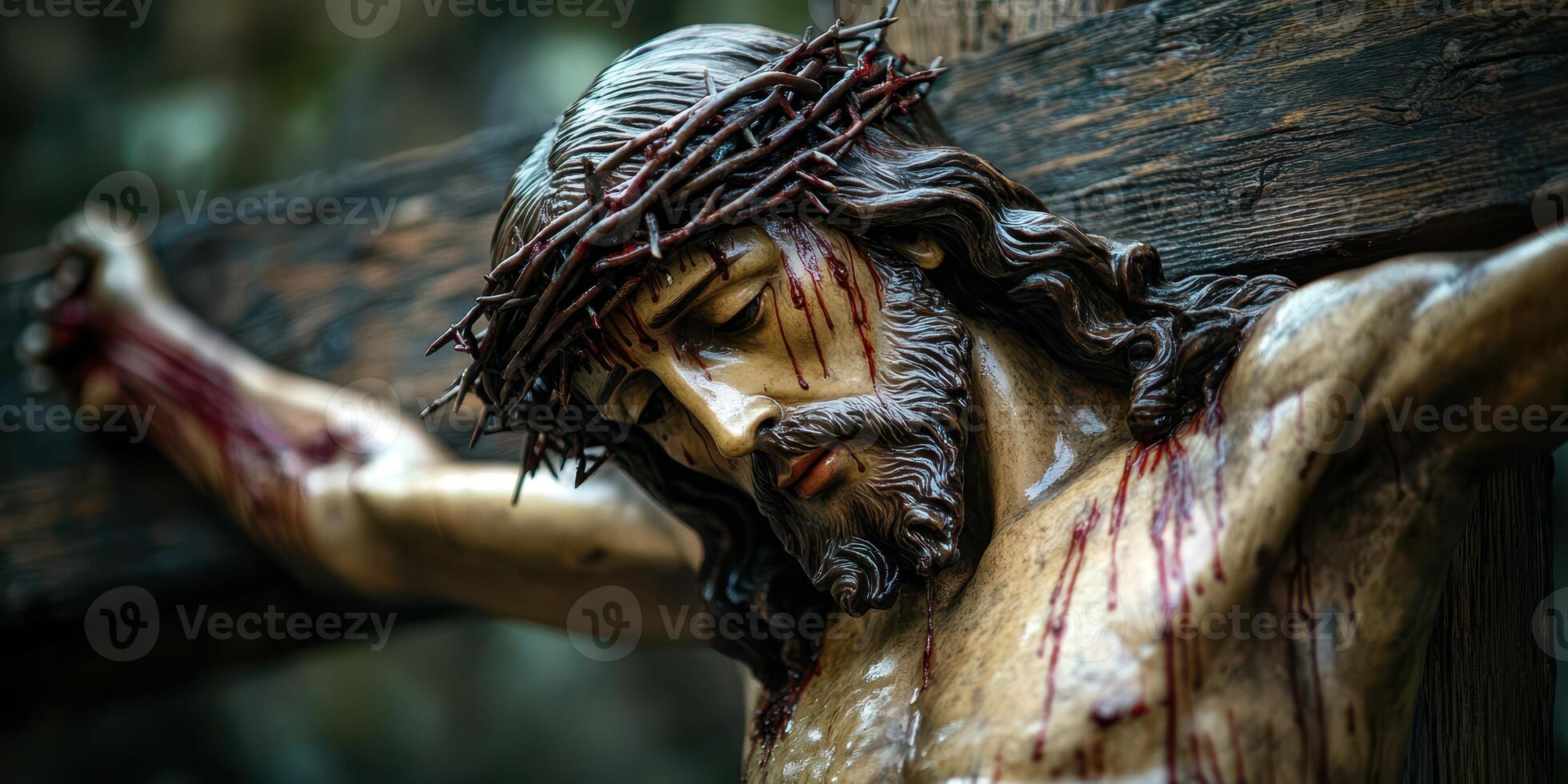 Depiction of a crucified figure with crown of thorns, conveying deep emotion and sacrifice in an artistic representation photo