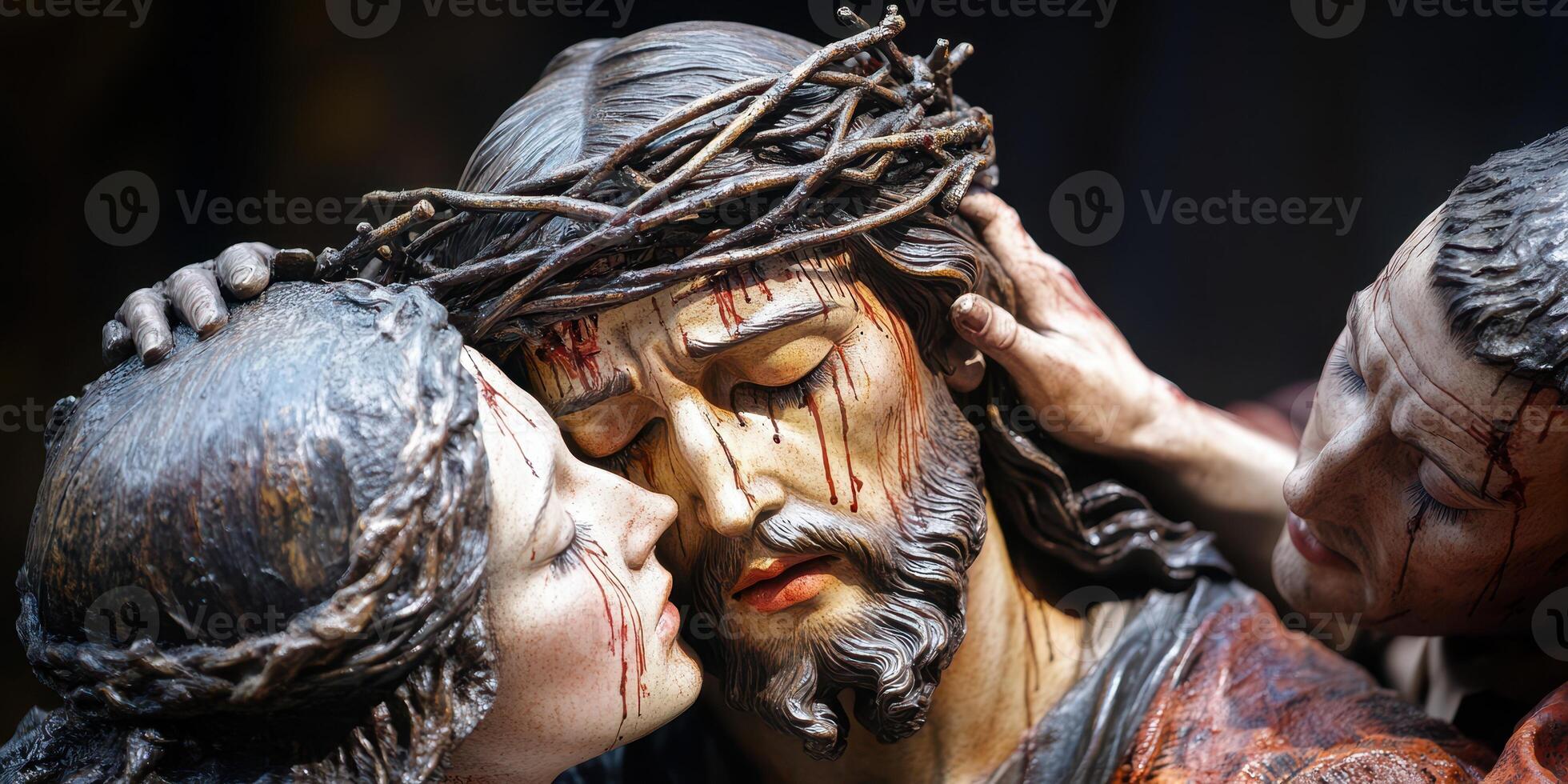 Emotional depiction of Jesus surrounded by mourning figures in a dramatic artistic setting photo