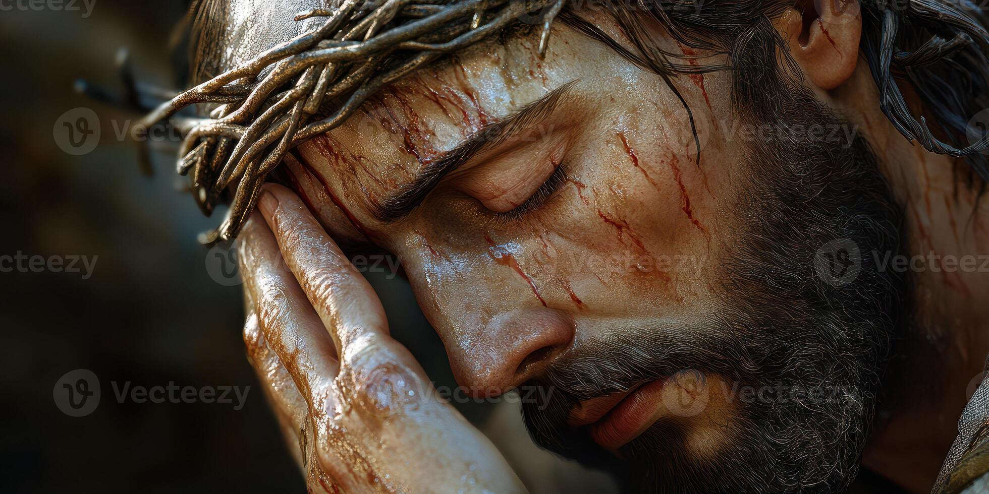 Man with thorn crown showing deep emotion in a moment of reflection during a solemn religious event photo