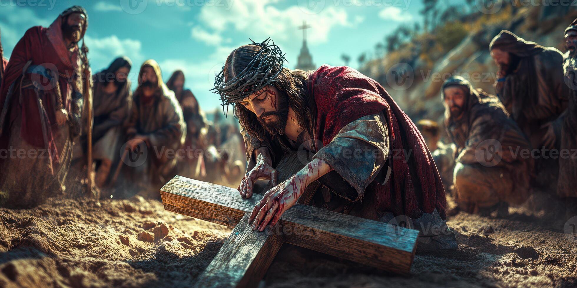 Jesus carries the cross while surrounded by a crowd during a solemn moment of reflection photo