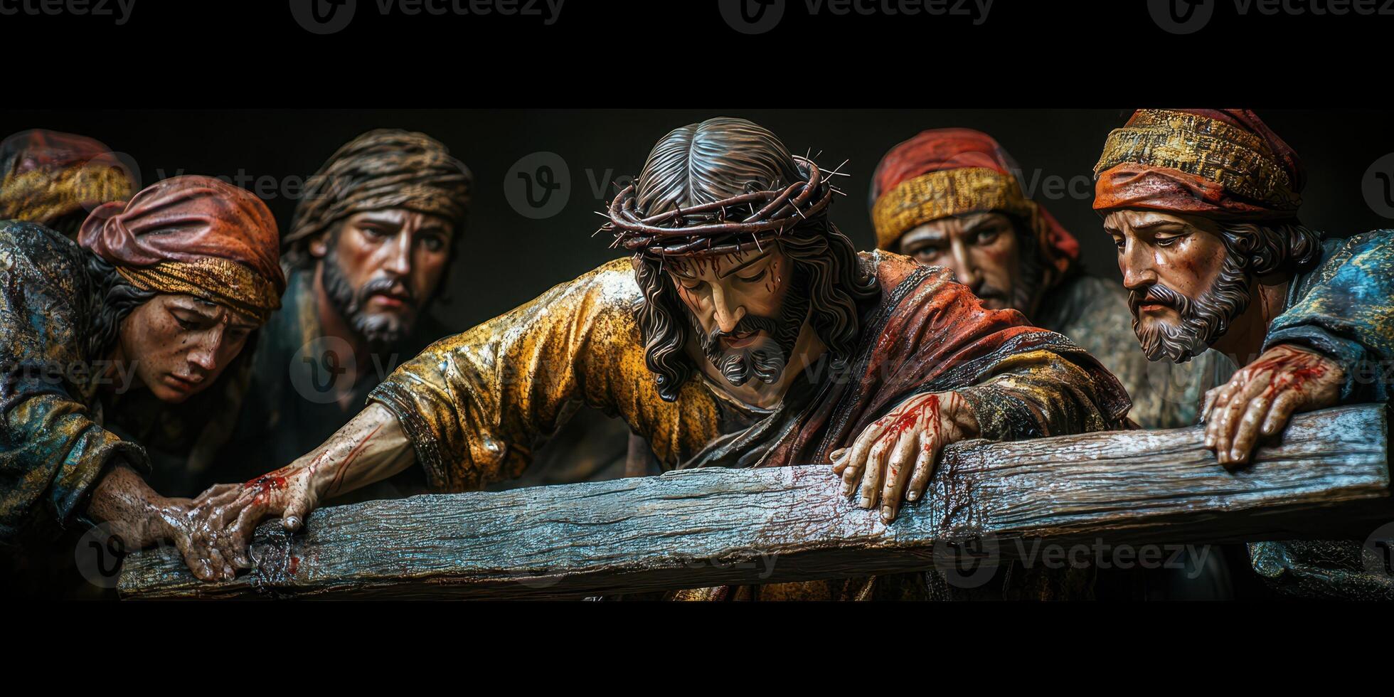 Realistic depiction of the crucifixion of Jesus in a dramatic group composition photo