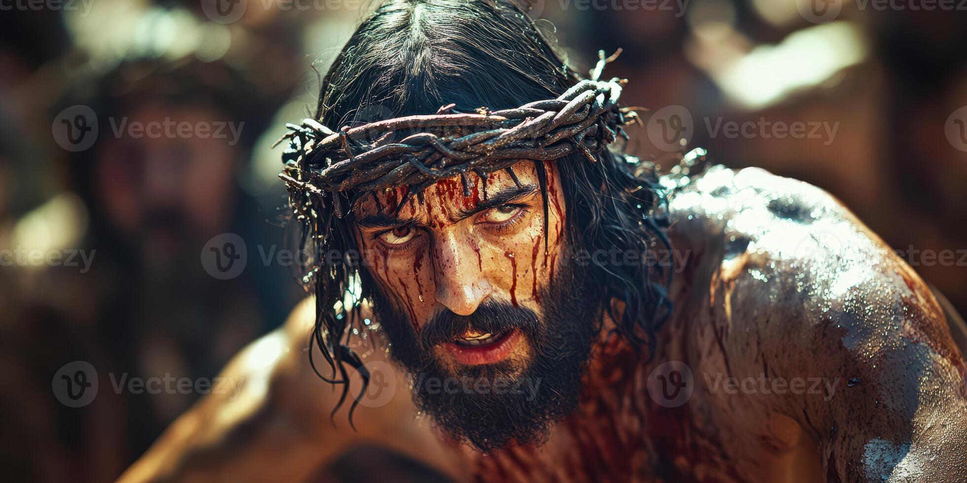 Intense portrayal of a suffering figure with a crown of thorns during a biblical scene set in ancient times photo