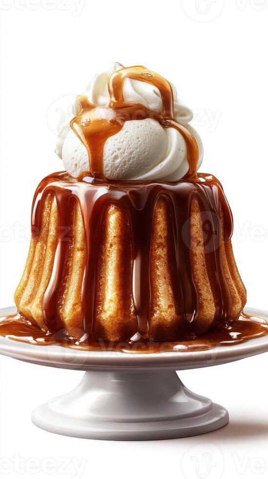 Indulgent dessert with caramel sauce and whipped cream on a white pedestal plate photo