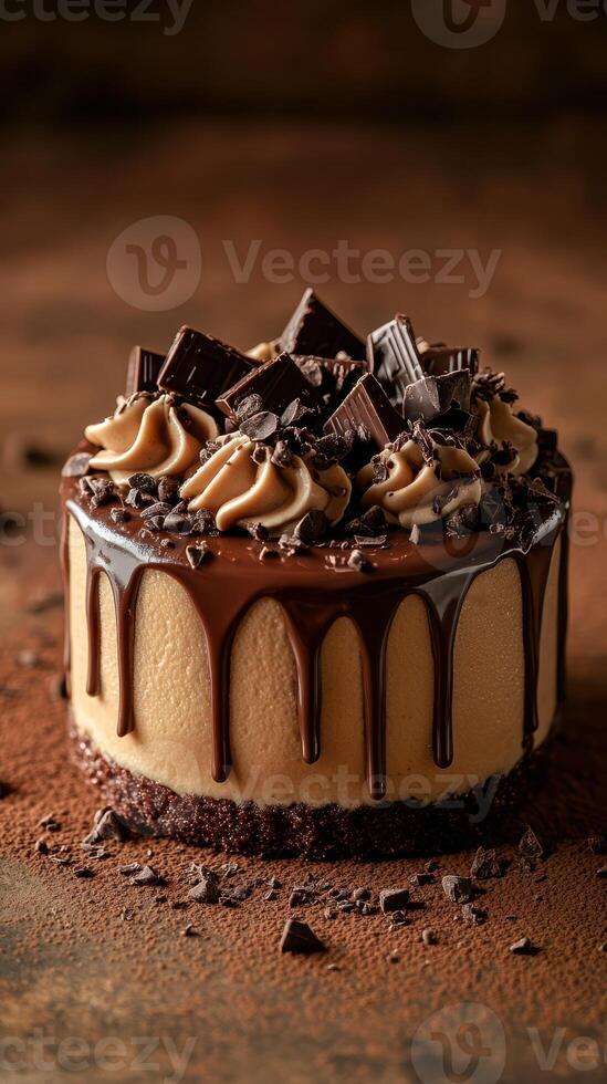 Chocolate cake topped with creamy frosting and chocolate shavings on a rustic background photo