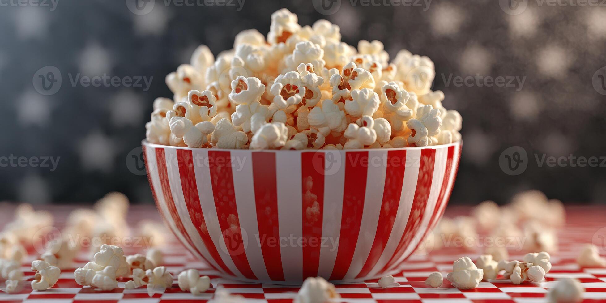 Fresh popcorn in a striped bowl placed on a table with a festive background and scattered kernels photo