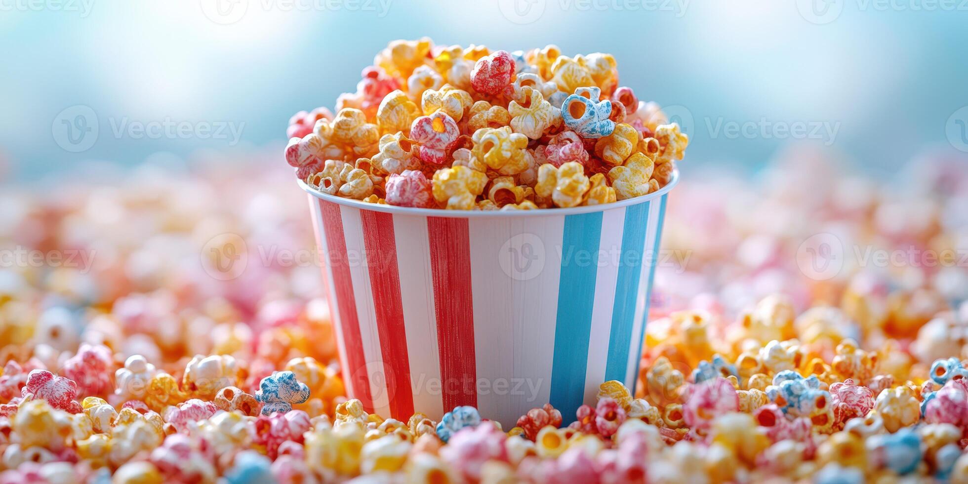 Colorful popcorn in a striped cup surrounded by scattered kernels at a festive gathering photo