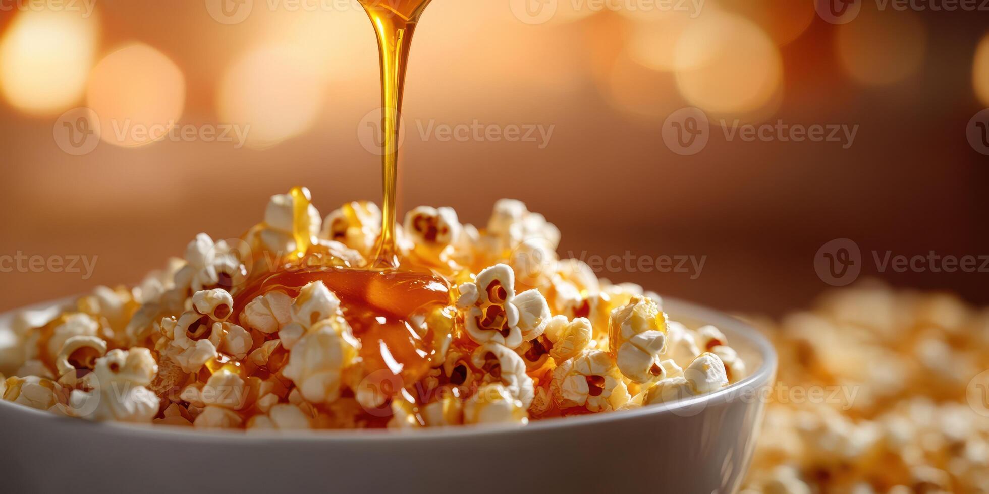 Delicious caramel syrup drizzled over freshly popped popcorn in a cozy setting at golden hour photo