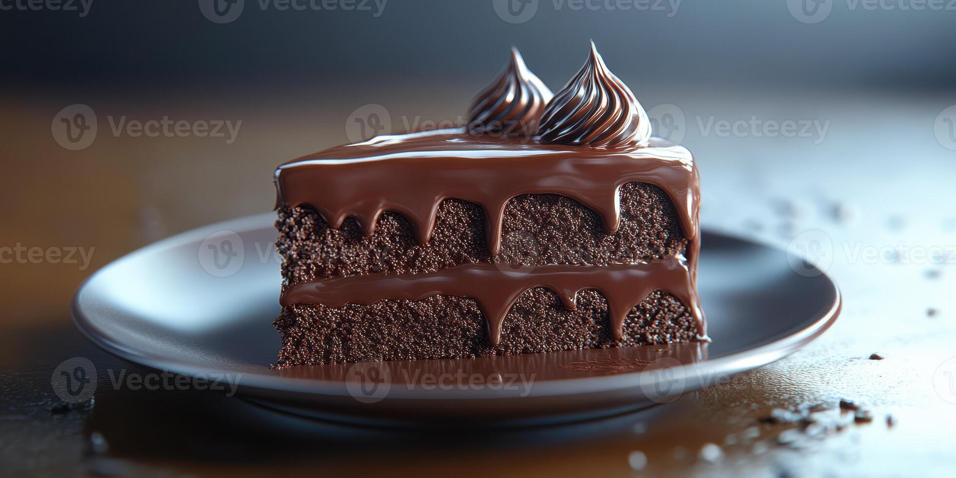 Decadent chocolate cake slice on a plate with smooth frosting and decorative swirls displayed in a cozy setting photo