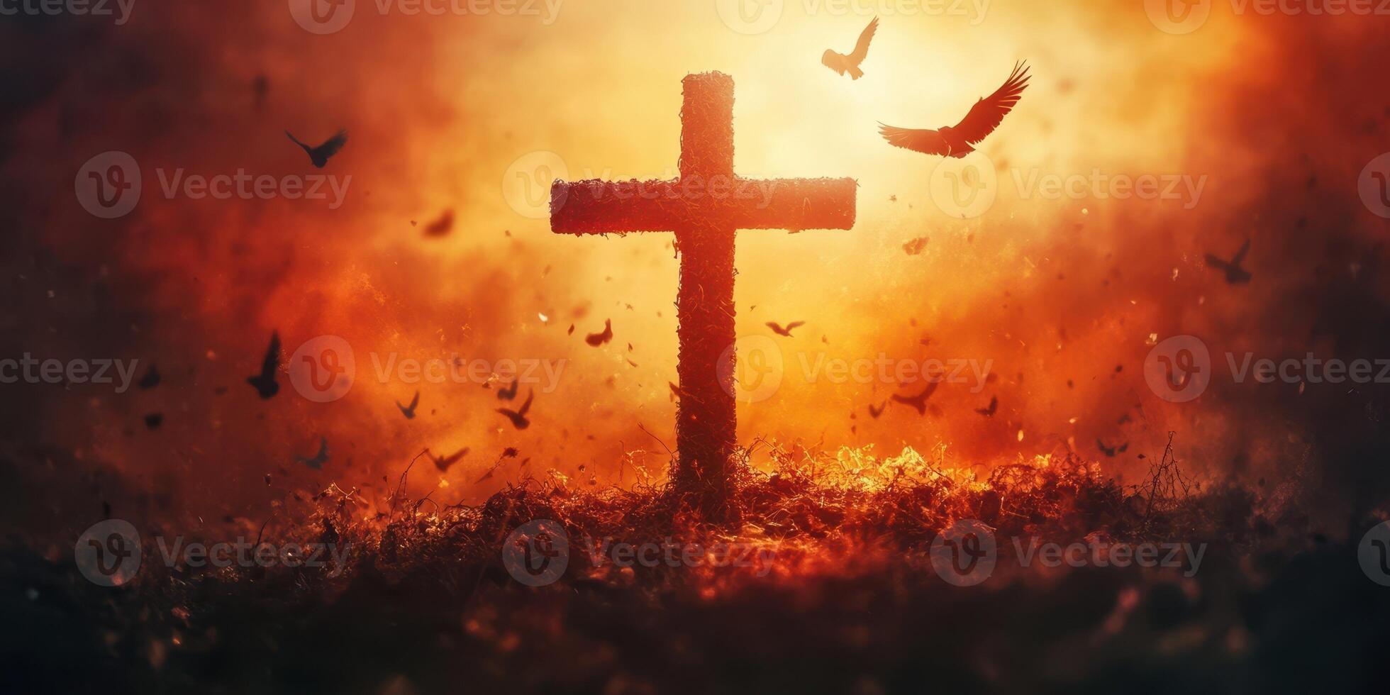 Cross illuminated by a fiery sunset with birds flying in the background during evening hours photo