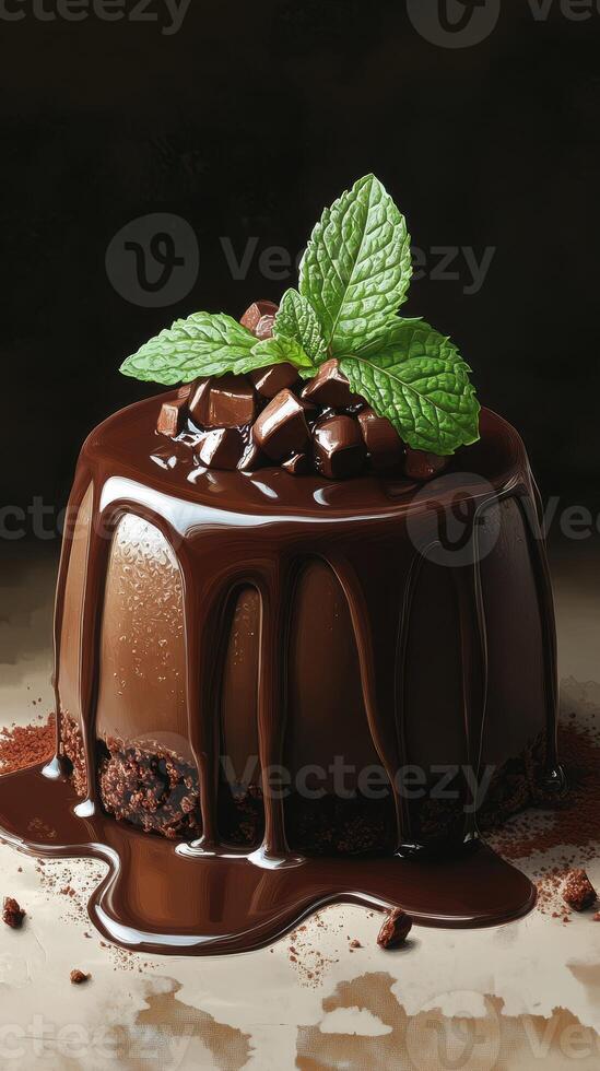 Rich chocolate dessert topped with fresh mint leaves and chocolate shavings on a dark background photo
