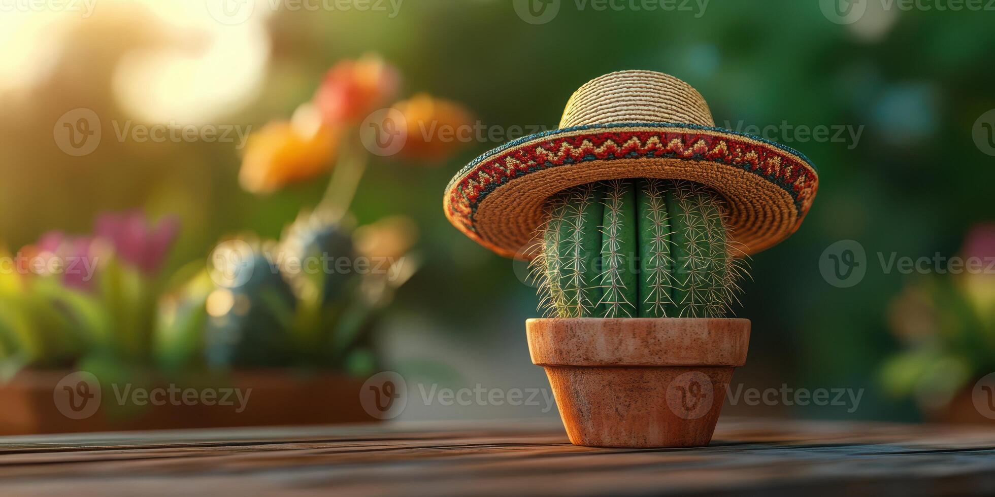 Decorative cactus with sombrero hat placed on a wooden table amidst colorful flowers in a garden during sunset photo
