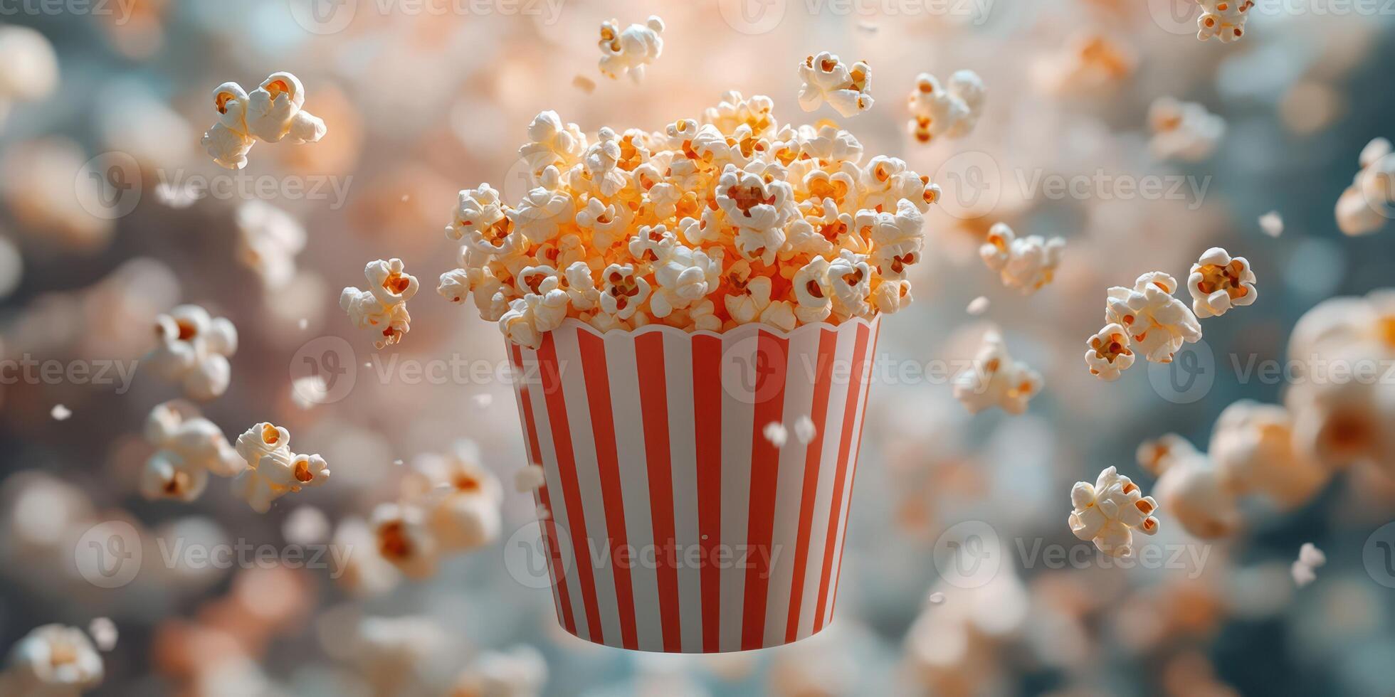 Popcorn bursts from a striped bucket creating a dynamic and fun atmosphere in a lively setting photo