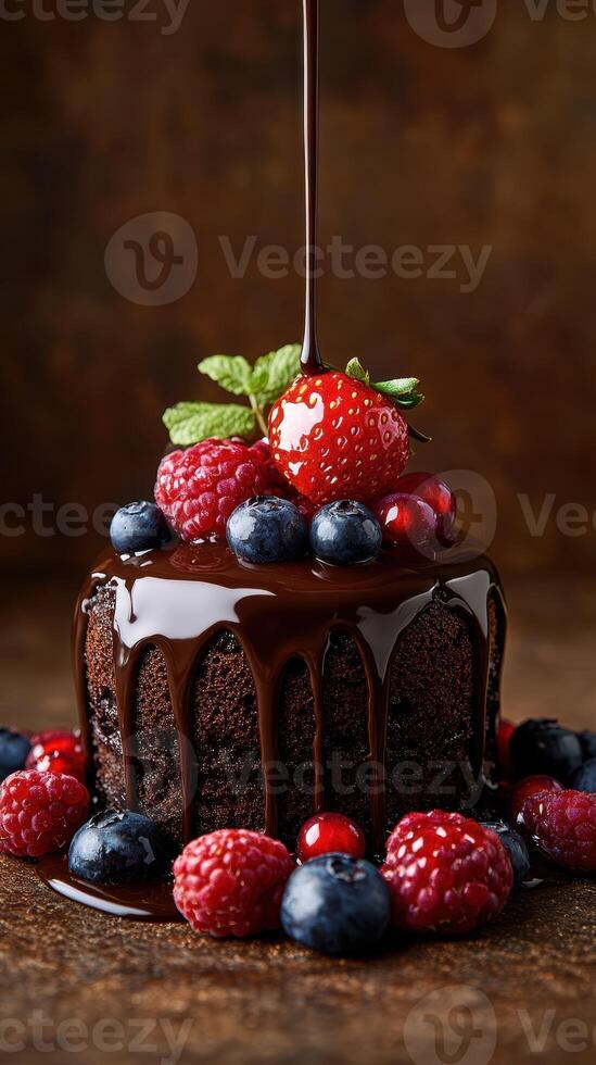 Decadent chocolate cake topped with fresh berries and mint leaves against a rustic backdrop photo