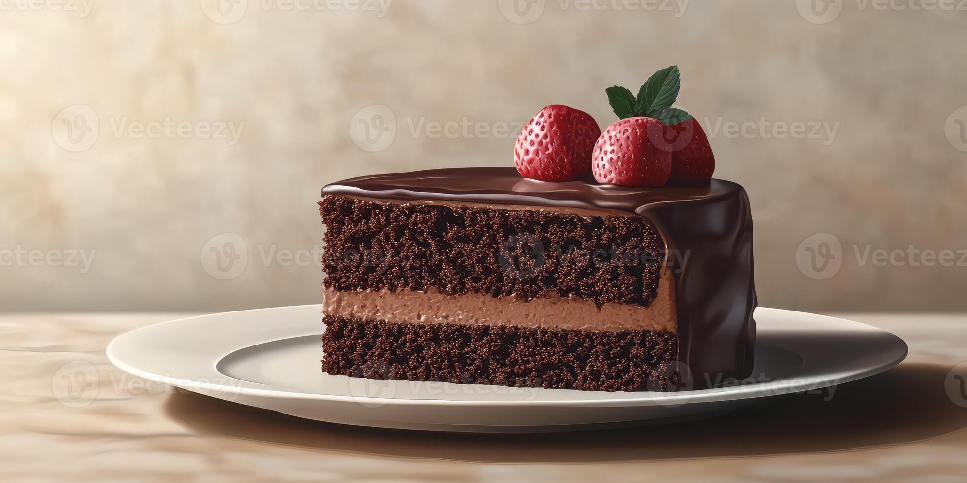 Delicious chocolate cake slice with fresh strawberries served on a plate in a cozy setting photo