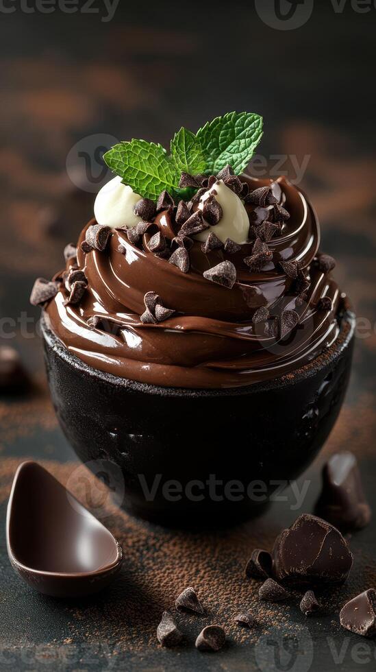 Delicious chocolate mousse dessert topped with chocolate chips and mint leaves in a dark setting photo