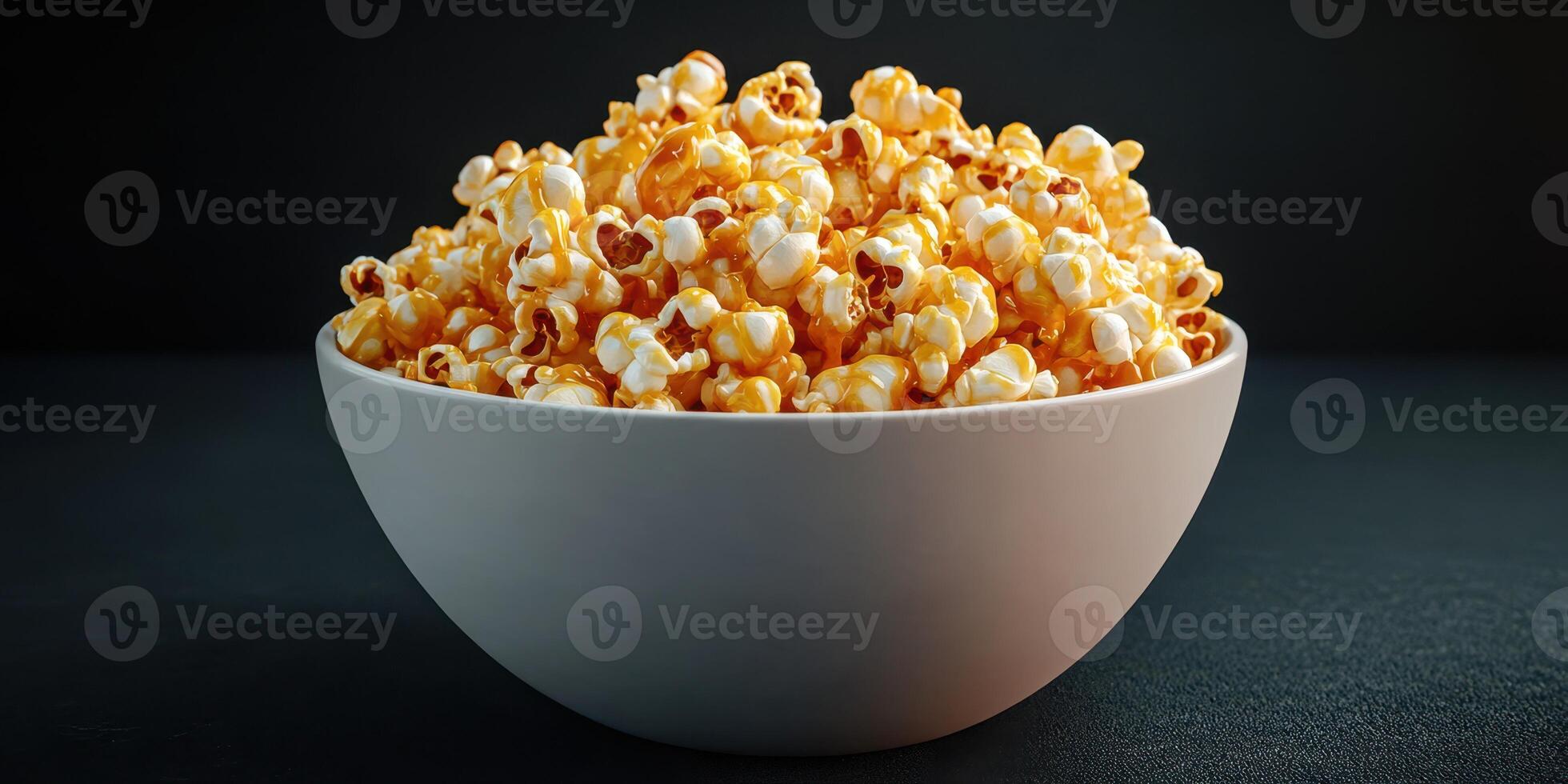Bowl filled with freshly popped caramel and buttered popcorn ready for movie night at home photo