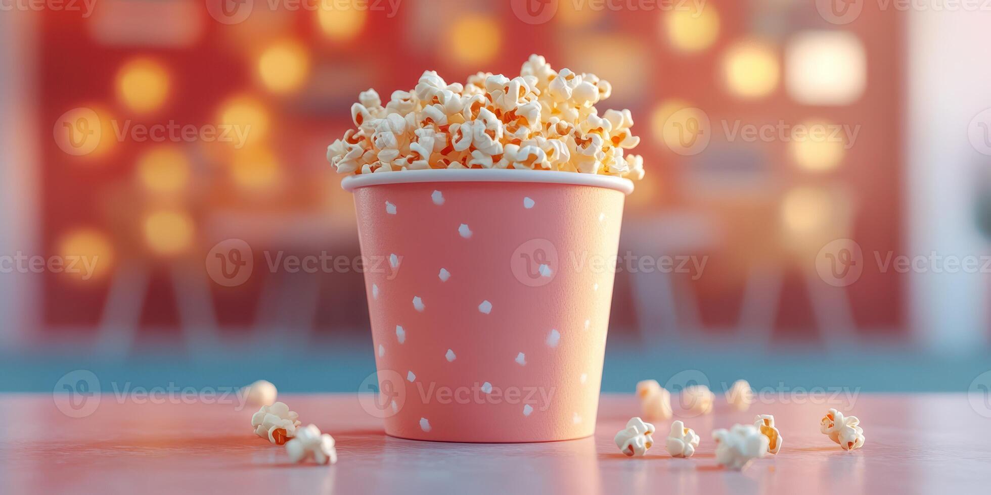 Freshly popped popcorn served in a pink polka dot cup with bits scattered on a table in a cozy environment photo