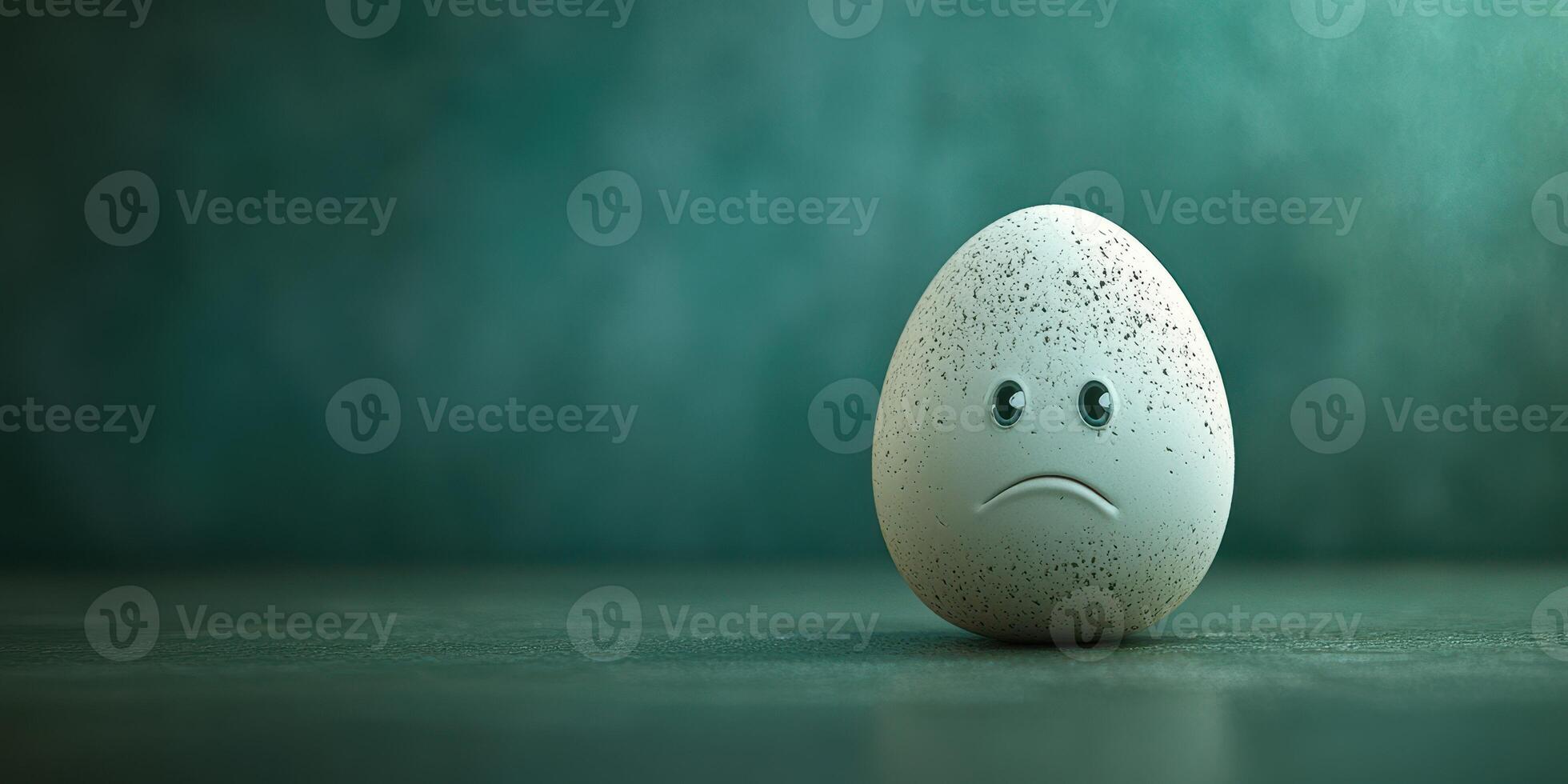 Sad egg character sits alone on a textured surface with a blue-green background in a whimsical setting photo