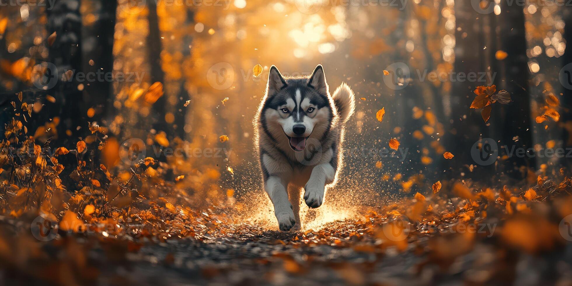 Siberian husky running through an autumn forest, surrounded by falling leaves and warm sunlight photo
