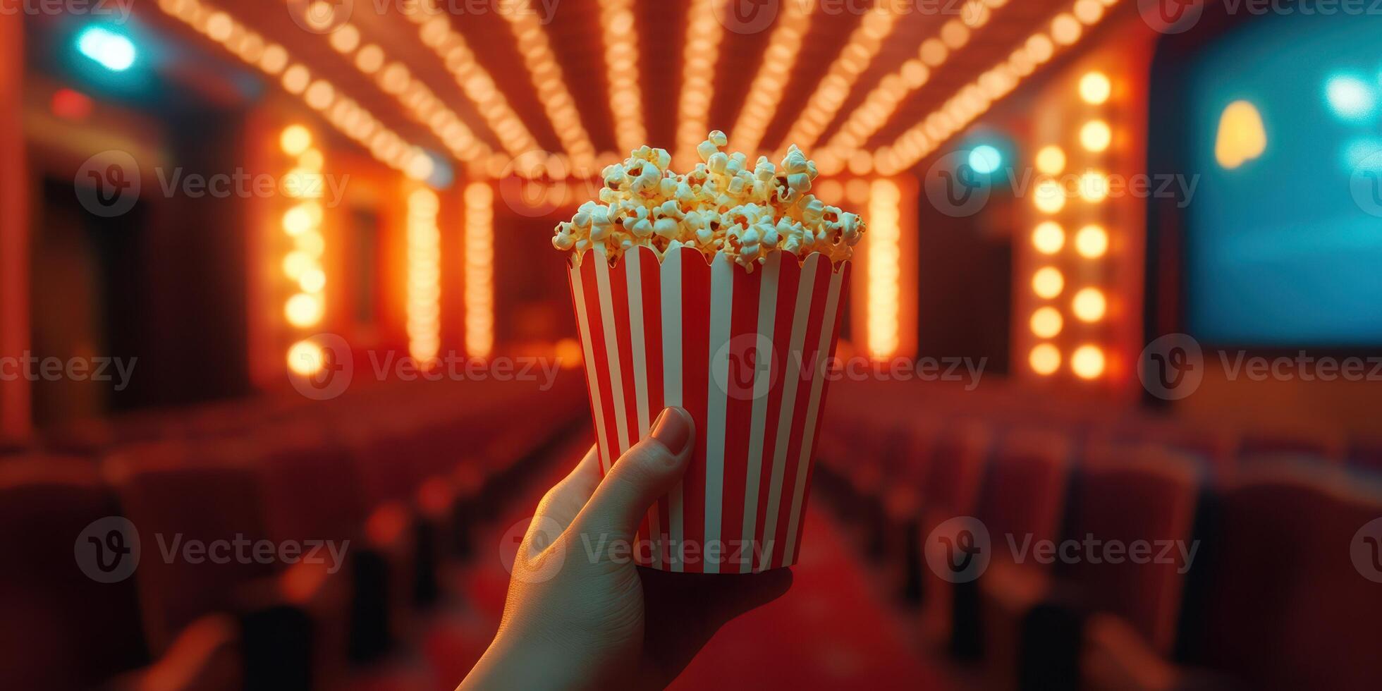 Enjoying fresh popcorn while waiting for the movie to start in an empty cinema with bright lights and comfortable seats photo